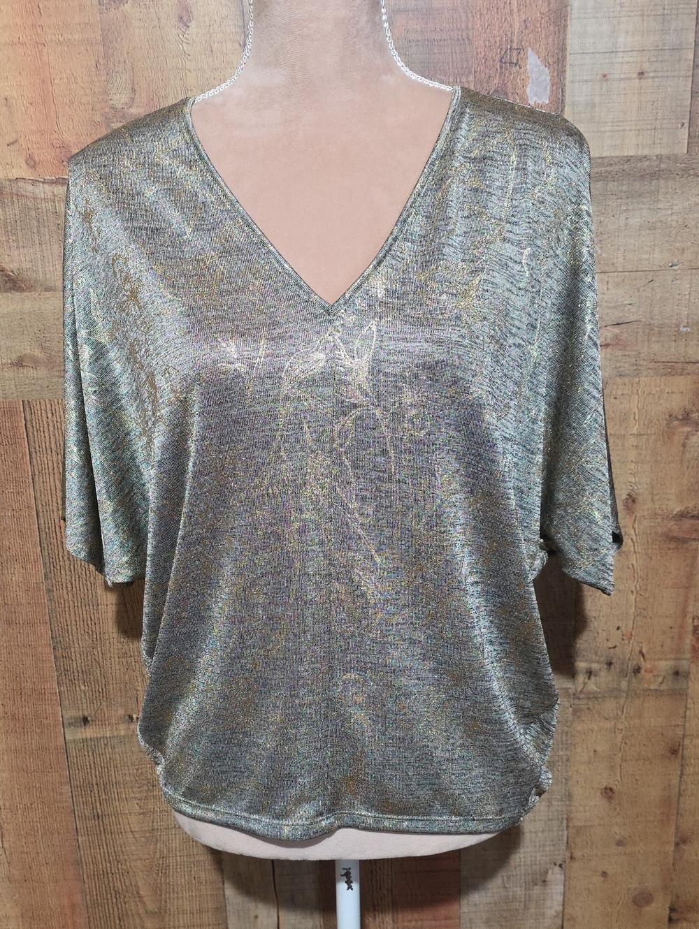 White House Black Market Gold Metallic V-Neck Short Sleeve Top